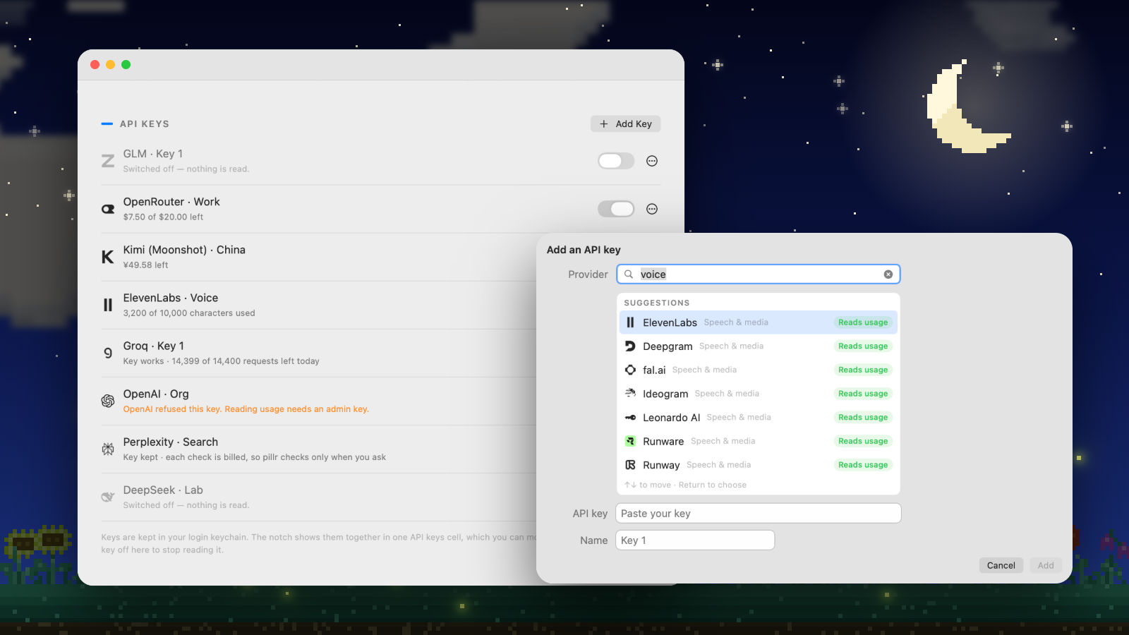 Settings › API Keys listing eight keys, with the Add an API key sheet suggesting voice providers as you type