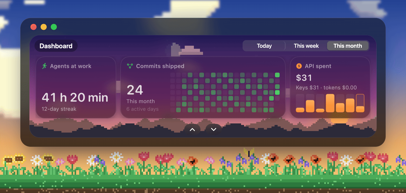Settings opening on the dashboard: Agents at work, Commits shipped as a month of squares, and API spent, frosted over a pixel sky with mountains