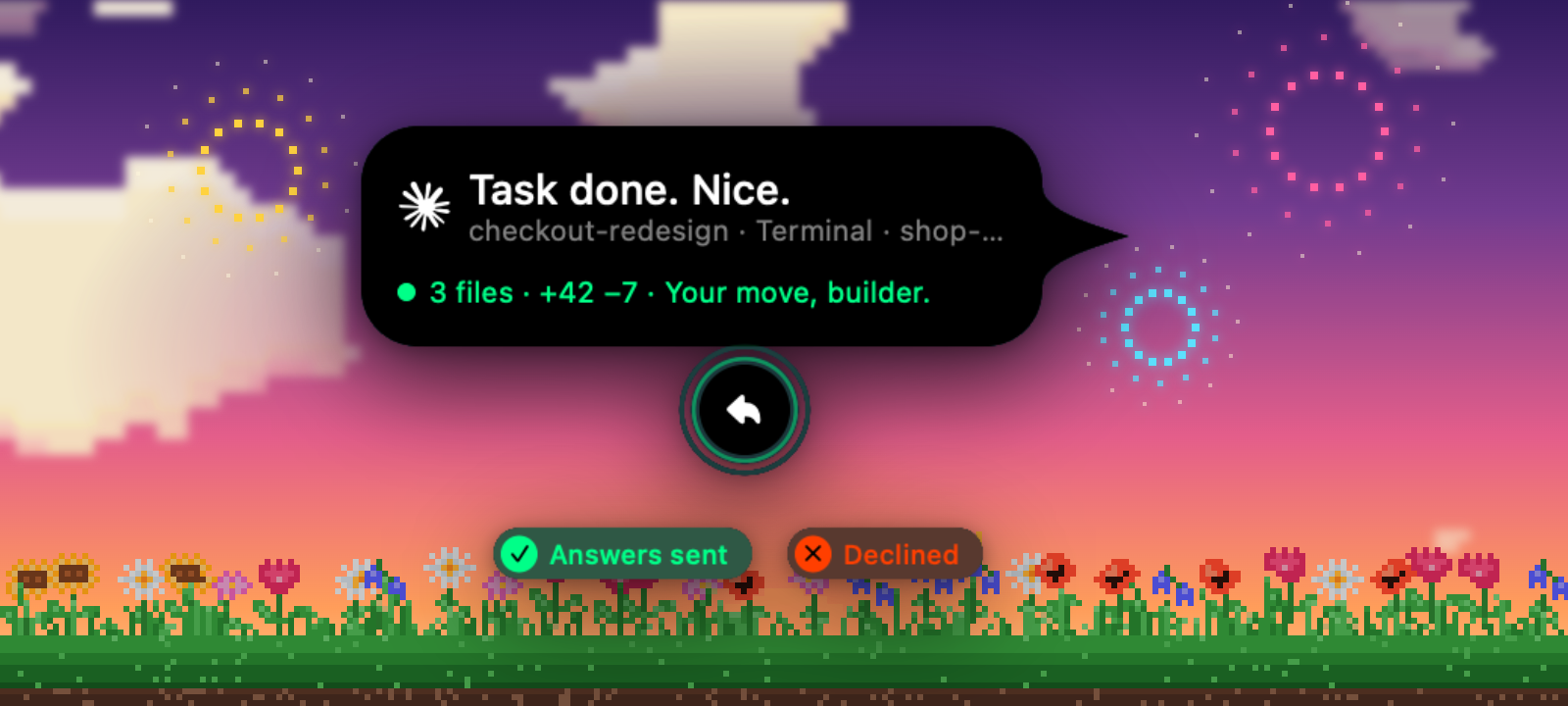 A done card: Task done. Nice. 3 files, +42 −7, with the Reply button under it