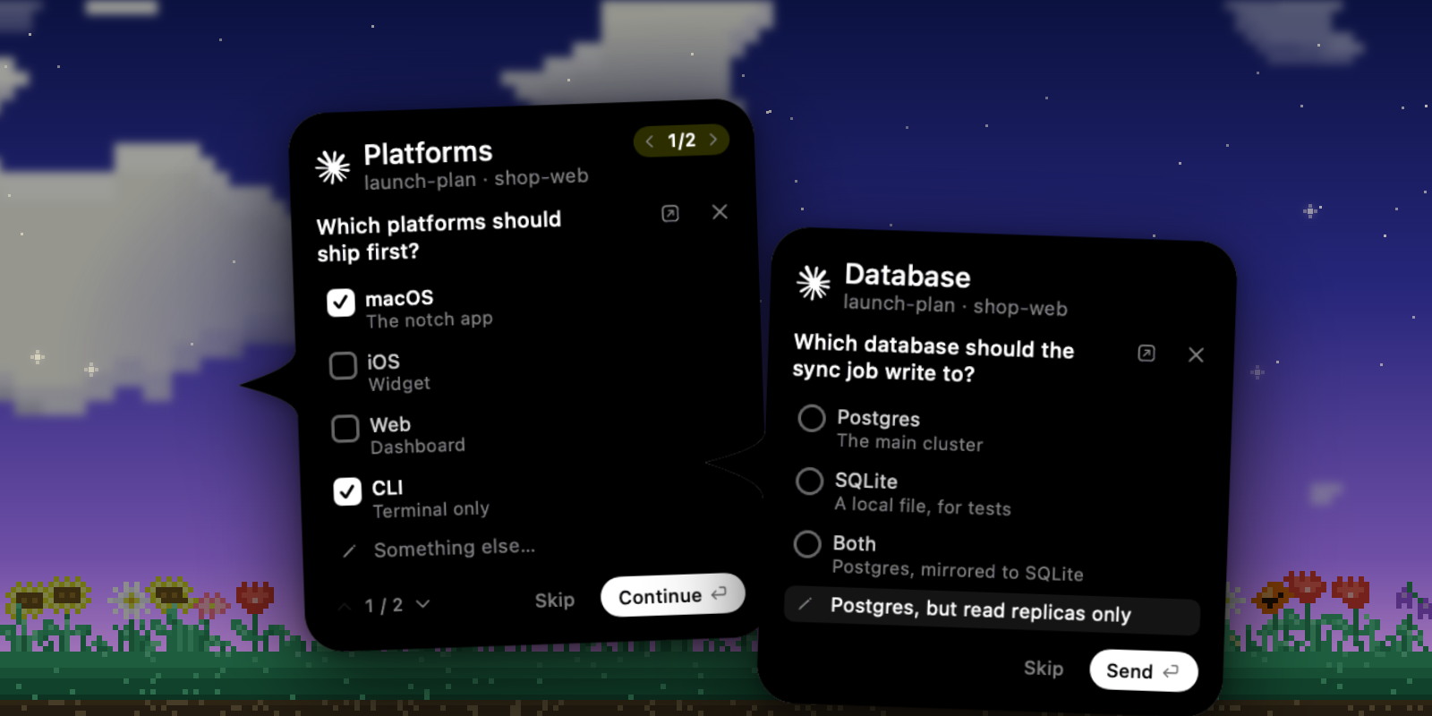 Two questions from Claude Code: platforms to ship first, with macOS and CLI ticked, and a database question answered in its own words