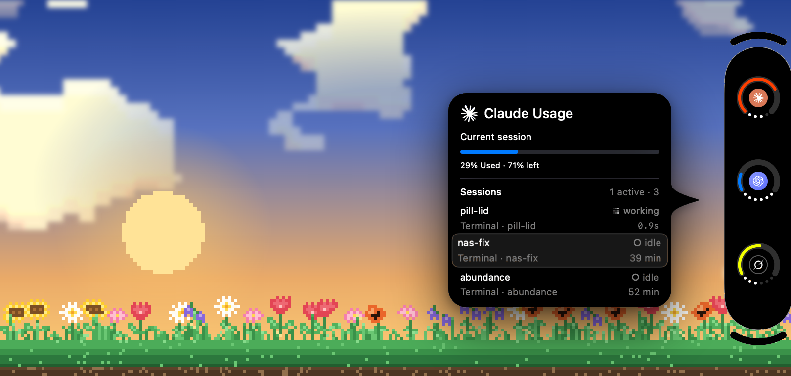 The pill on the right edge of the screen, with Claude's usage card: the current session and three running sessions