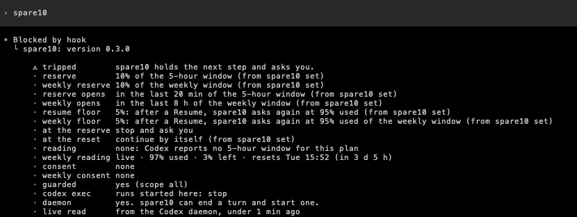 The spare10 report in Codex