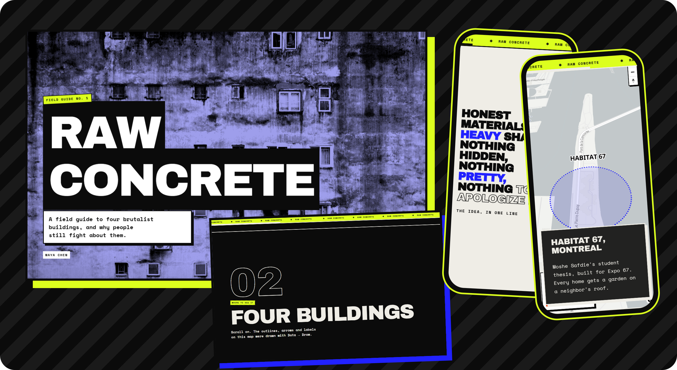 A story in the brutalist theme on a laptop and two phones