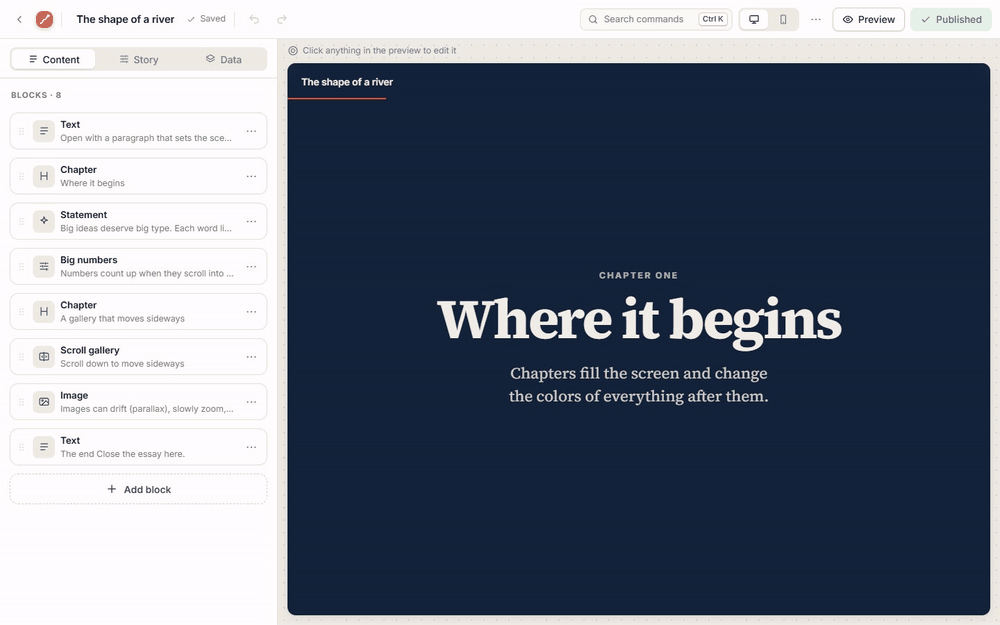 Clicking a chapter in the preview to edit its title and color