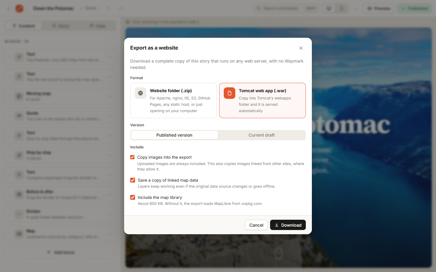 The export dialog with zip and Tomcat options