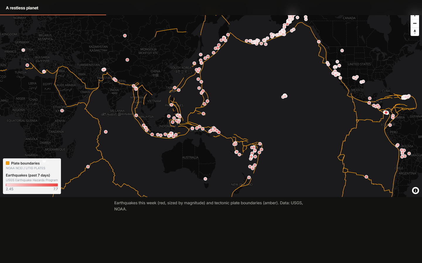 This week's earthquakes and tectonic plate boundaries on a dark map