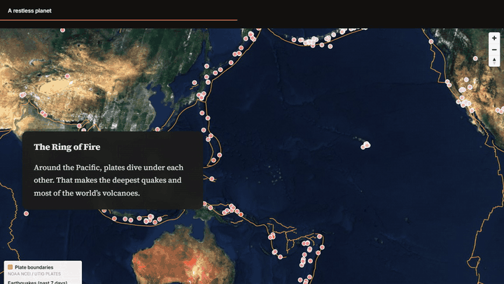 A moving map flying between places as the reader scrolls