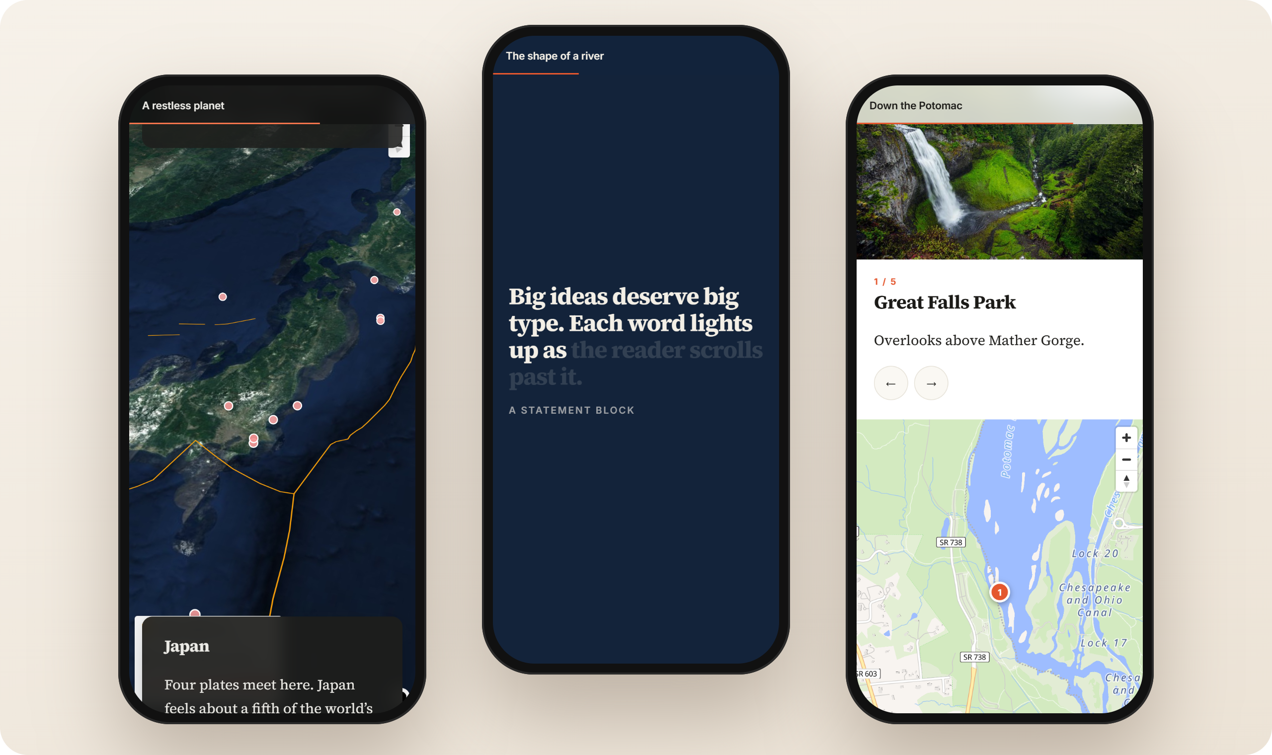 Three stories on phones: a satellite map, a statement block, and a stop-by-stop walk