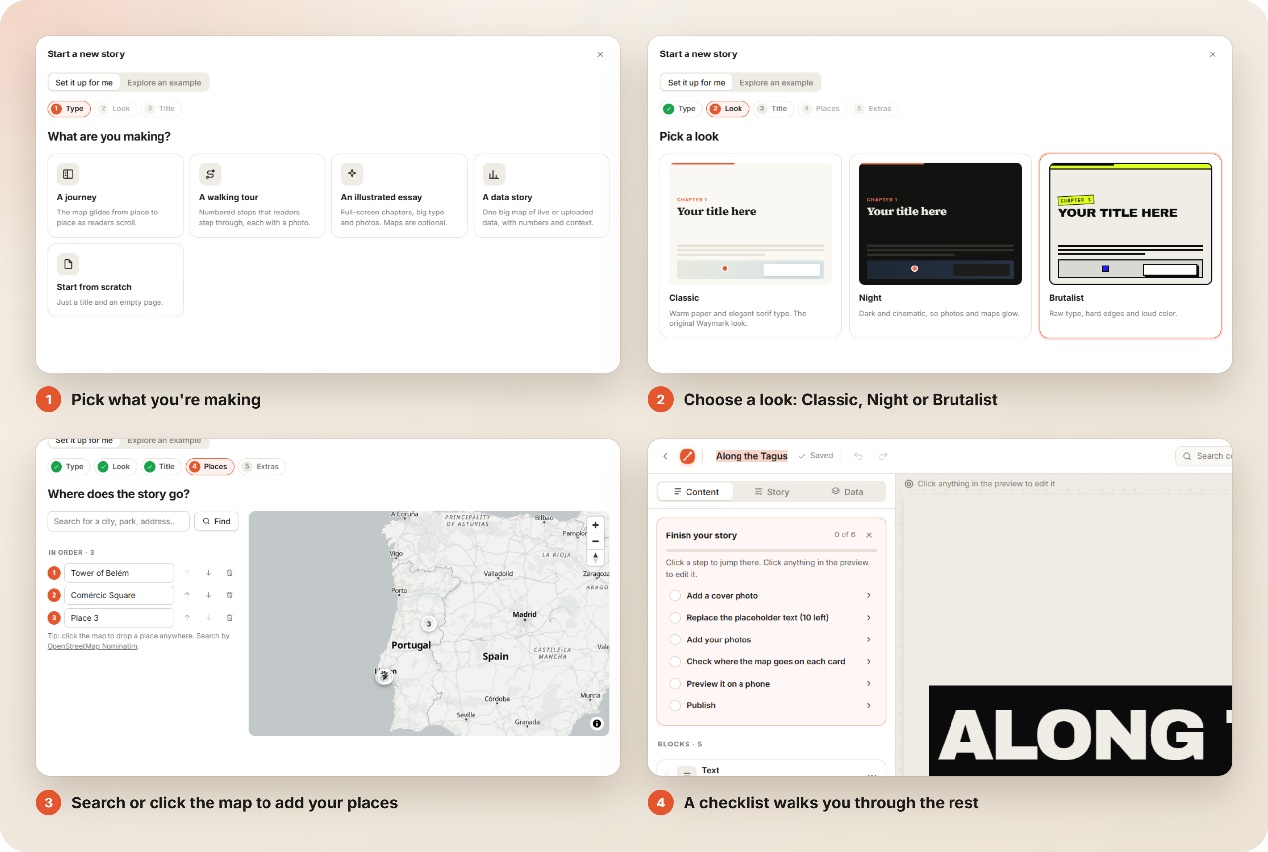 The New story wizard: story type, look, places, and the editor checklist
