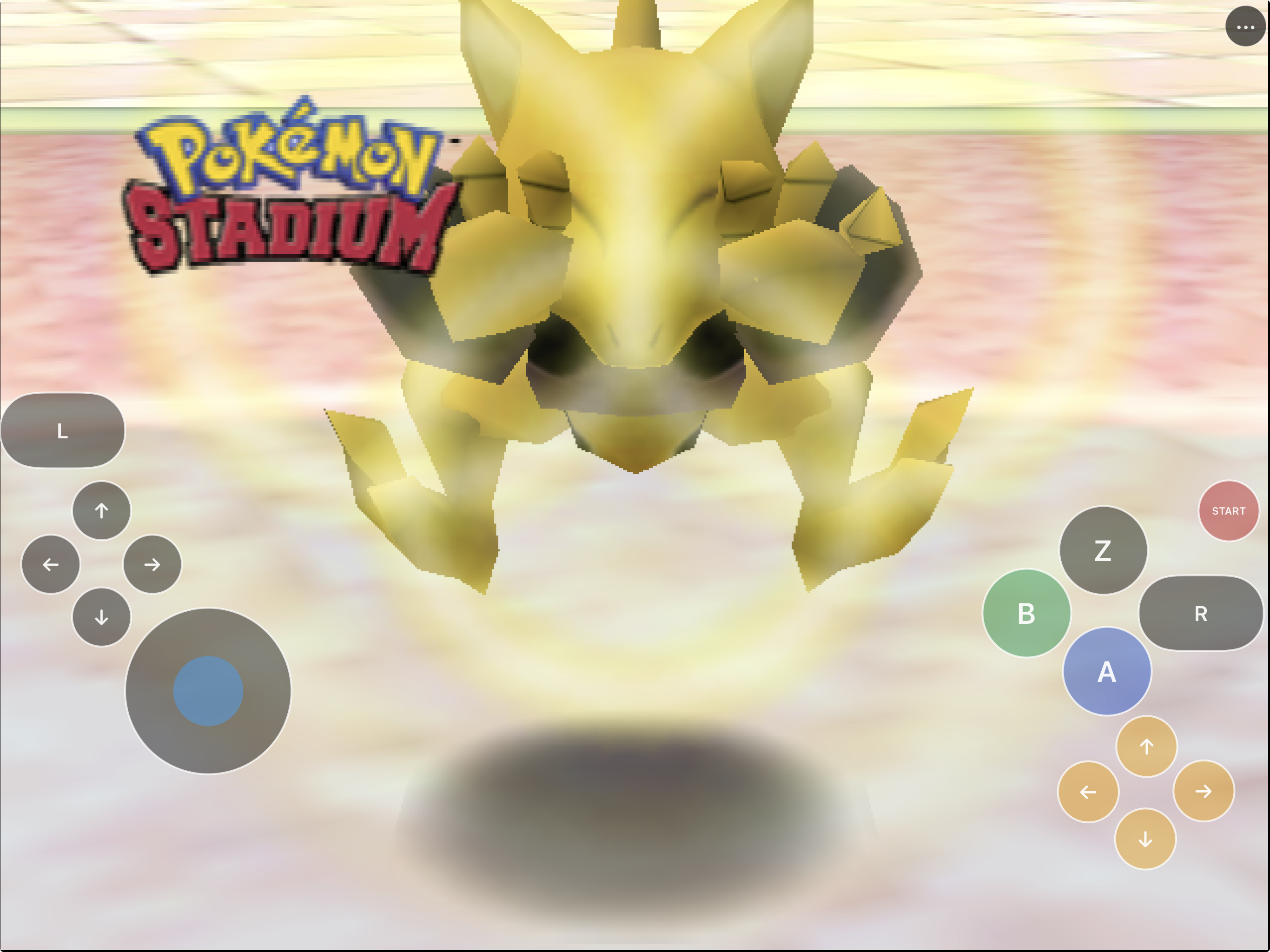 AnnePad showing a close-up Pokémon Stadium battle scene with landscape touch controls