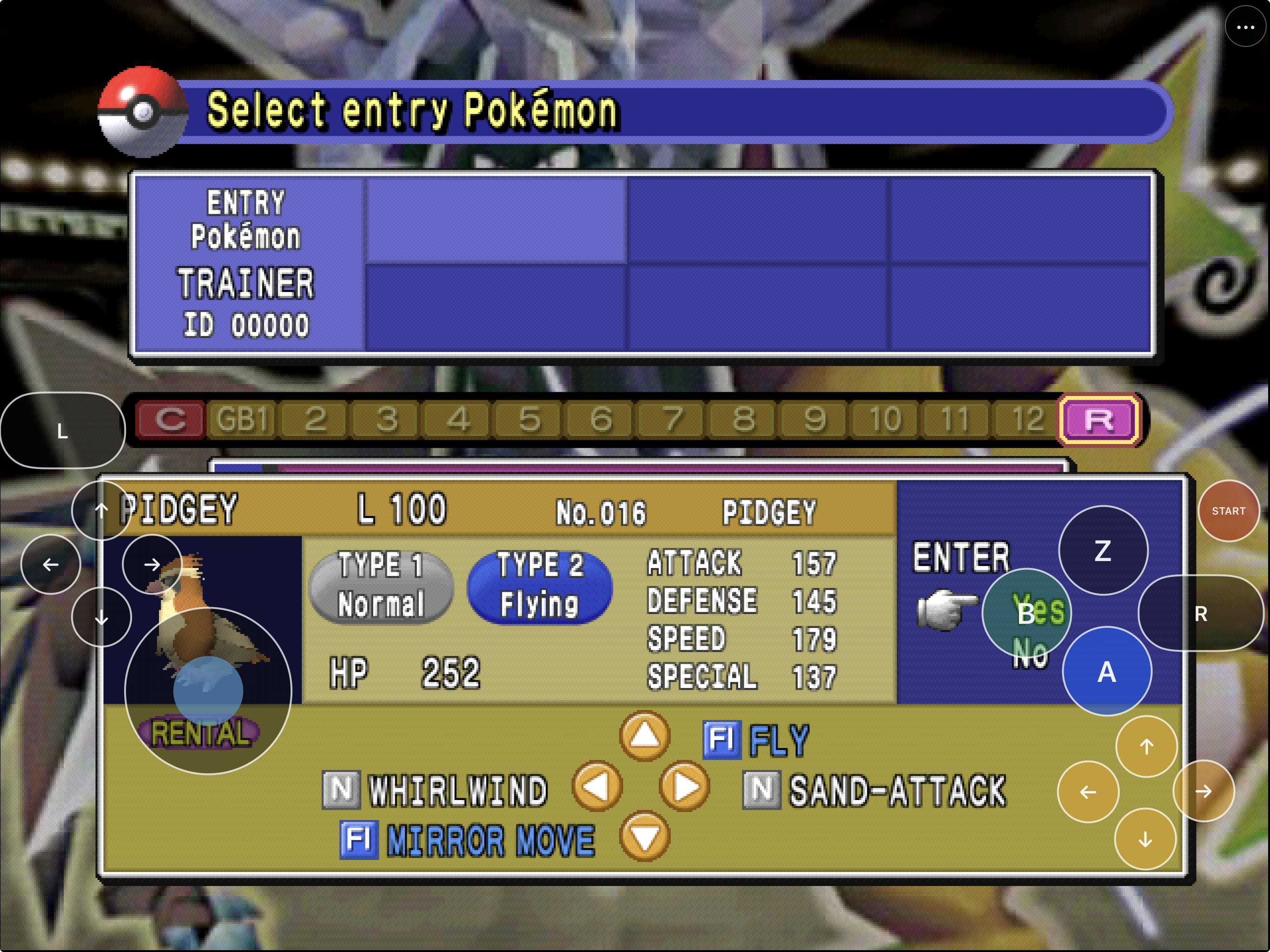 AnnePad showing the Pokémon Stadium entry Pokémon screen with landscape touch controls