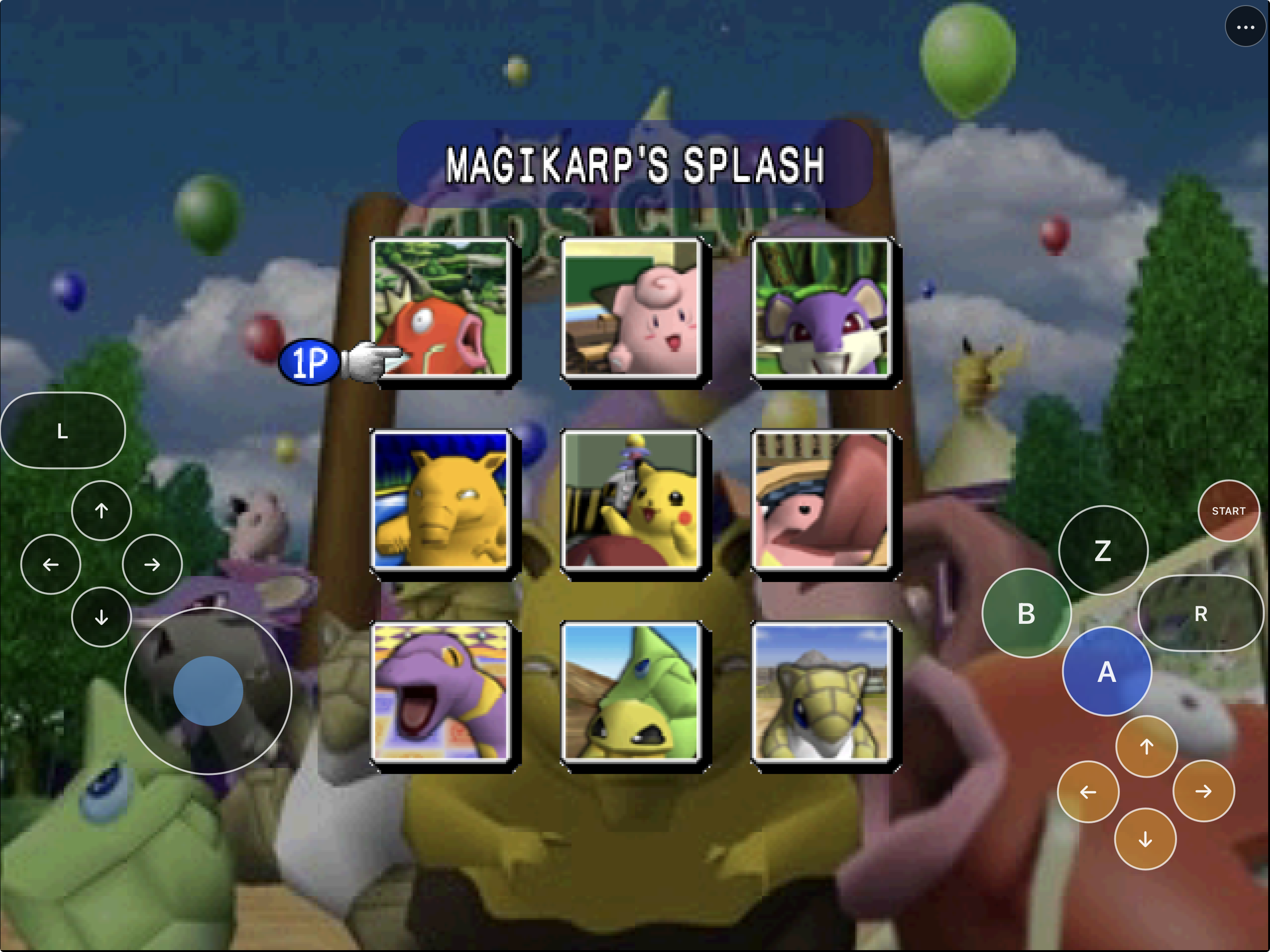 AnnePad showing Pokémon Stadium rental selection with landscape touch controls