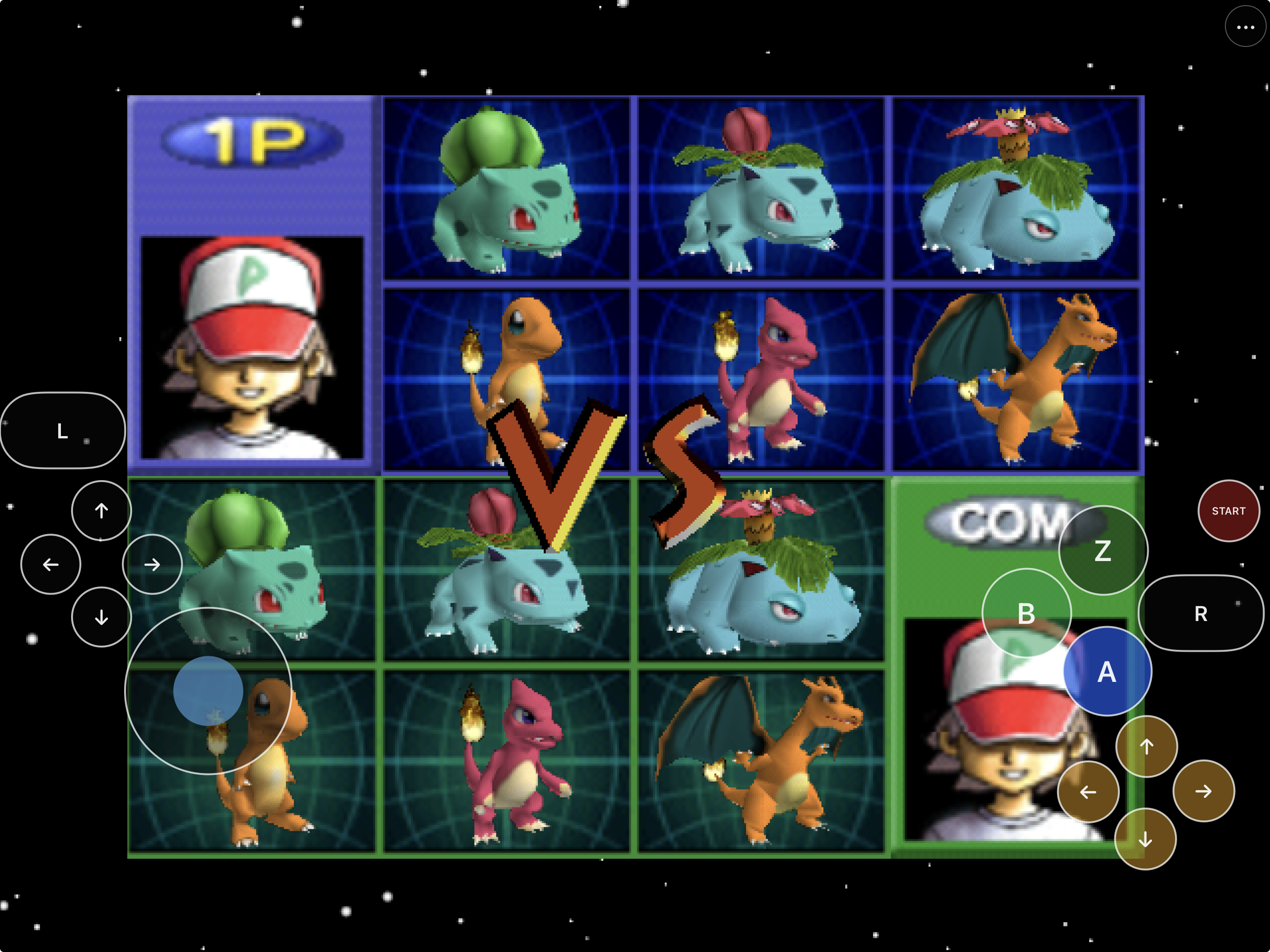 AnnePad showing Pokémon Stadium team versus selection with landscape touch controls