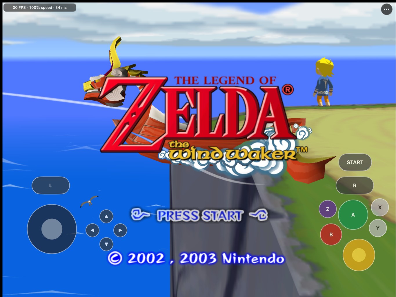 BlueWake rodando Wind Waker em um iPad Pro a 30 FPS