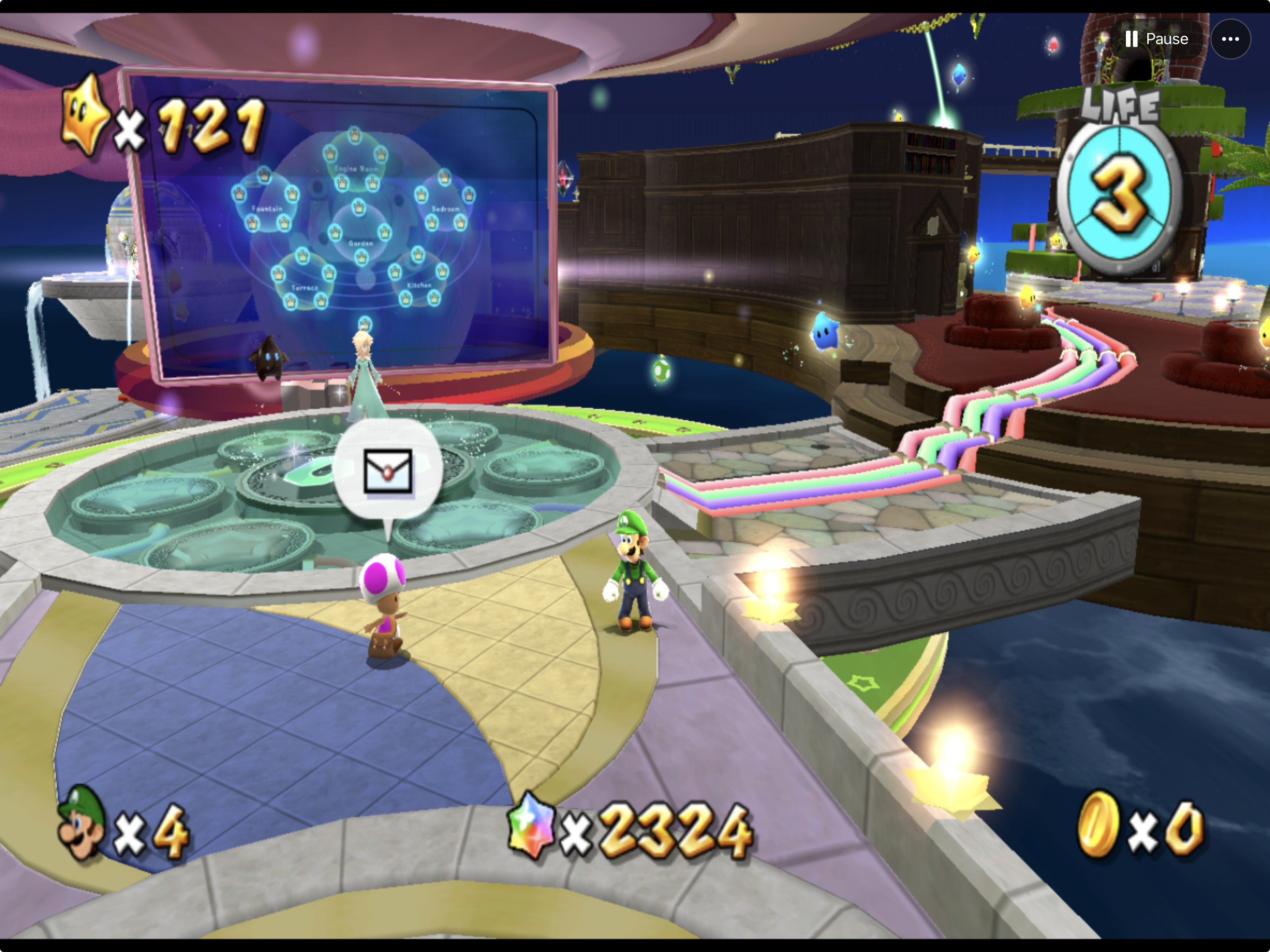Luigi beside Rosalina and the galaxy map in the Comet Observatory