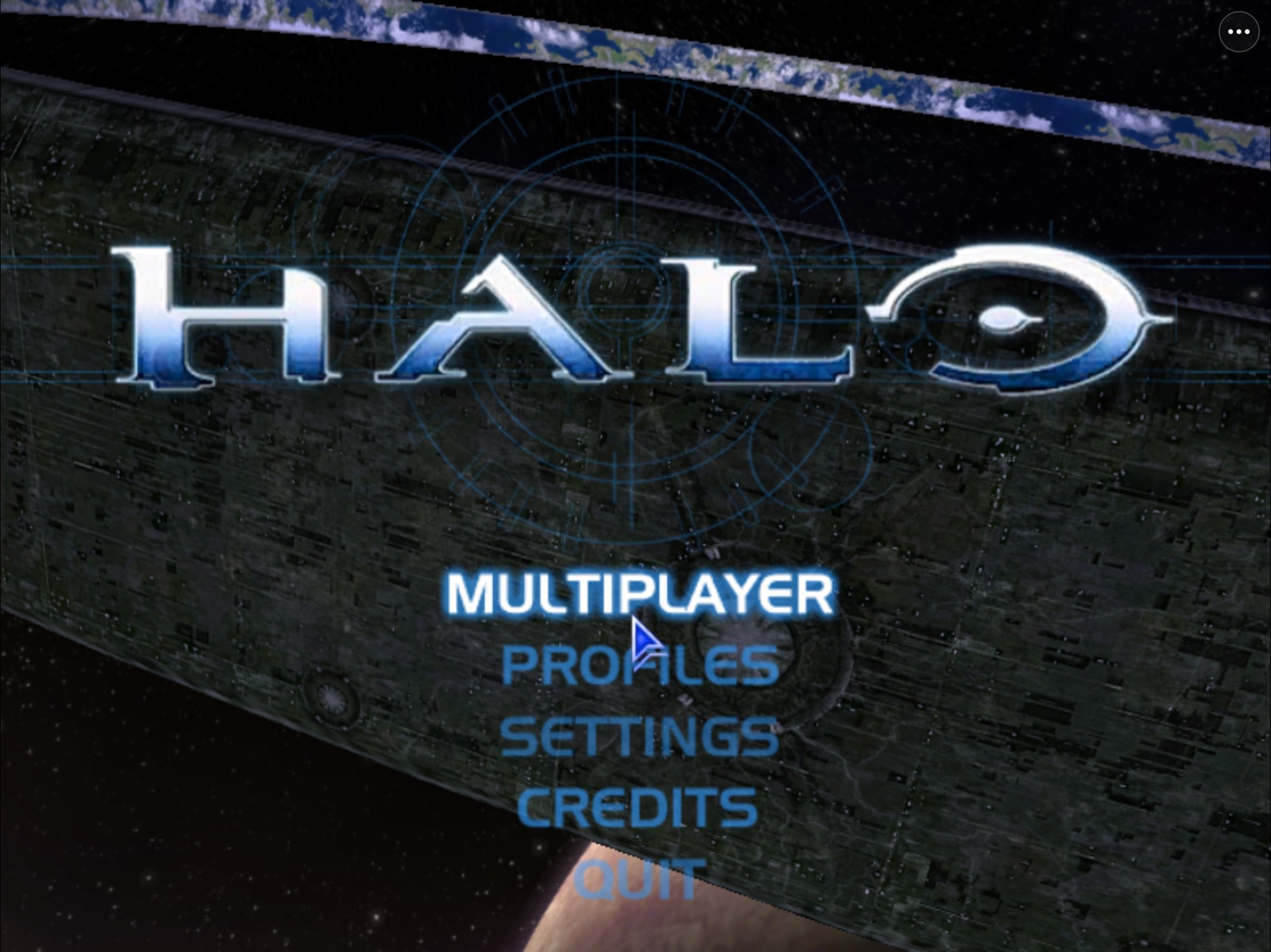 HaloPad at Halo's main menu in the iPad Simulator, with the HaloPad three-dot menu button in the corner