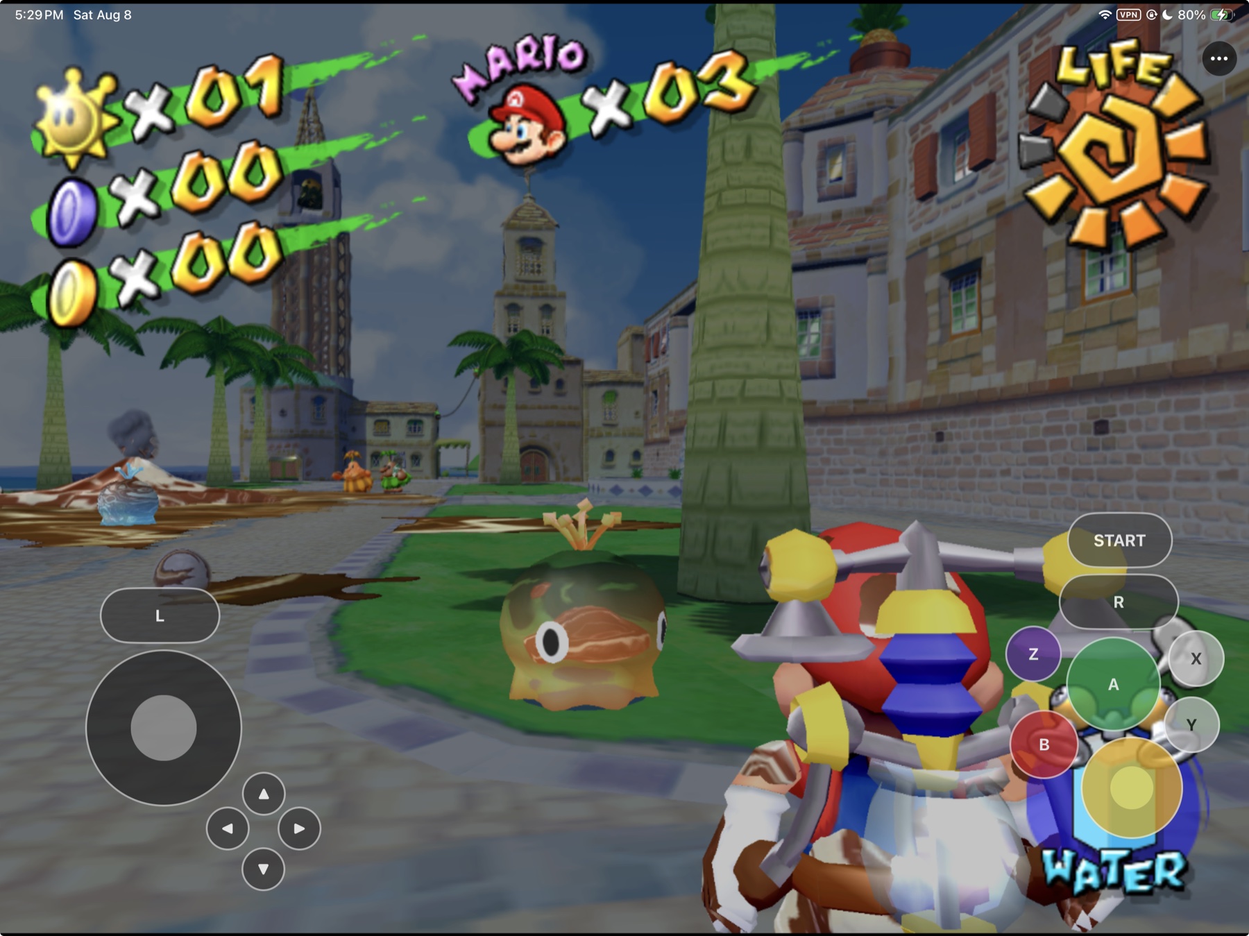 SunPad running Super Mario Sunshine in Delfino Plaza on iPad