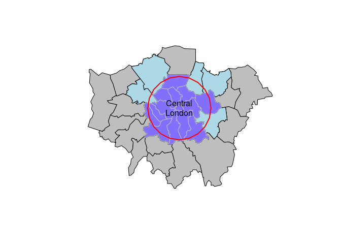 Zones in London whose centroid lie within 10 km of the geographic centroid of the City of London. Note the distinction between zones which only touch or 'intersect' with the buffer (light blue) and zones whose centroid is within the buffer (darker blue).