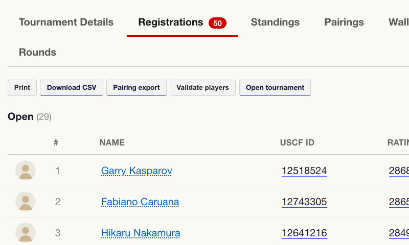 Registrations tab