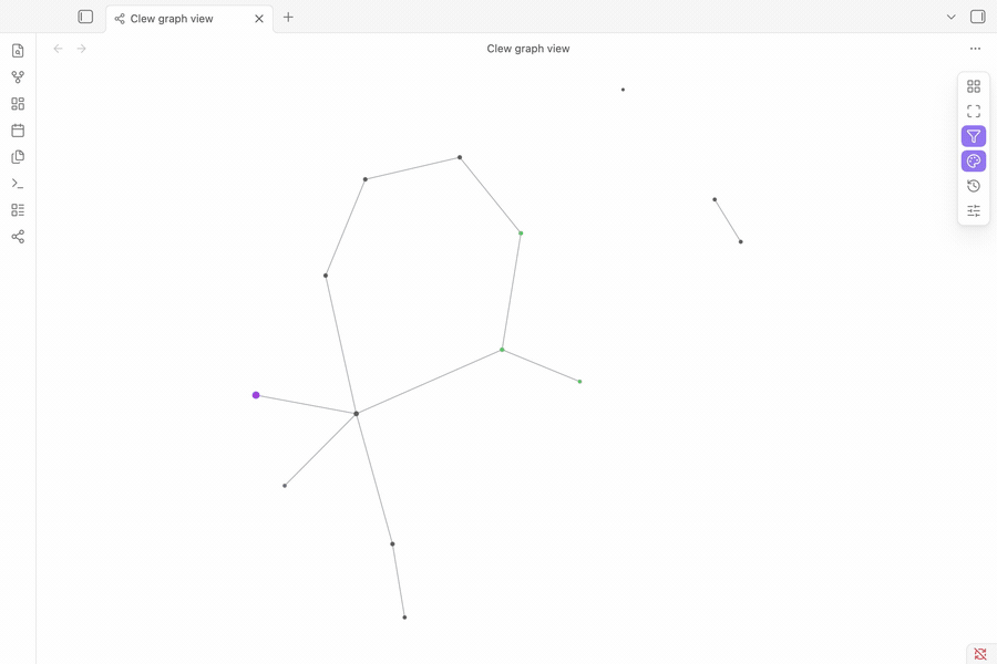 Clew: hovering a hub note, switching layouts, then filtering the graph down