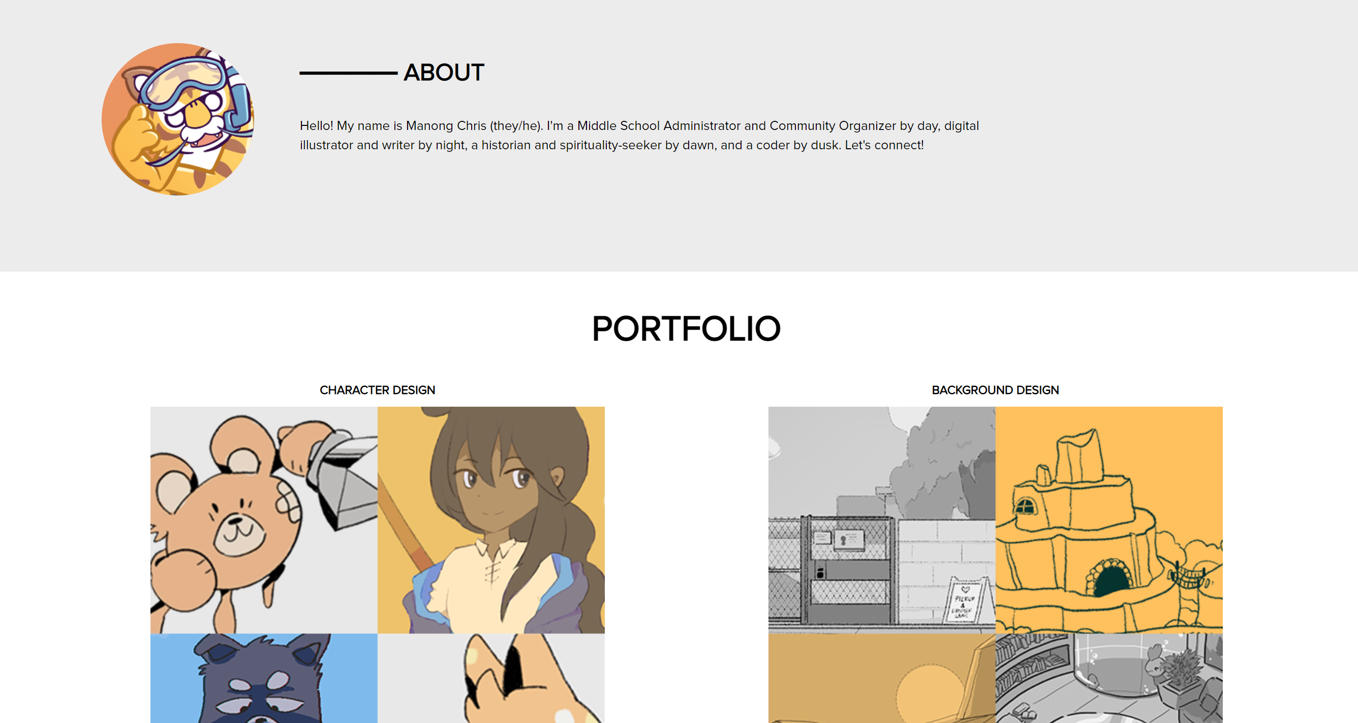 Screenshot image of the deployed webpage, showing the about biography and portfolio content.