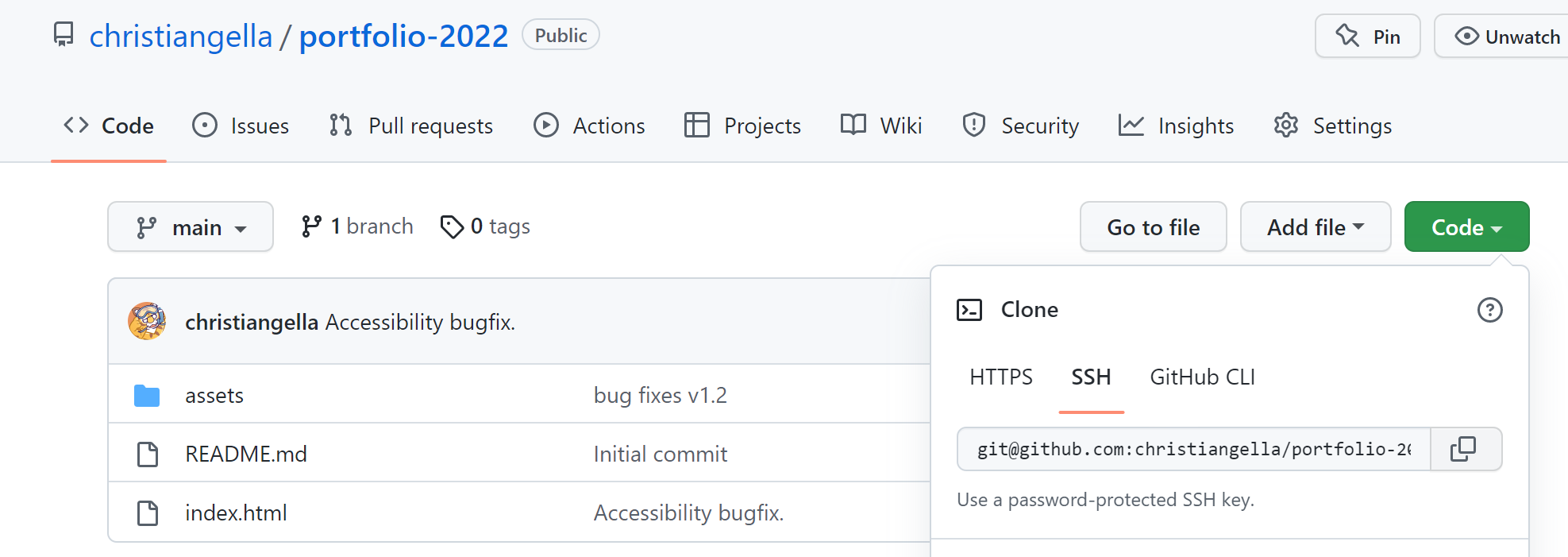 Screenshot image of GitHub showing the layout of cloning. From the Code button, SSH keys is selected.