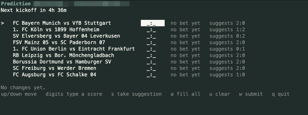 The kicktipp TUI: fixtures, score fields, suggestions, and keyboard shortcuts