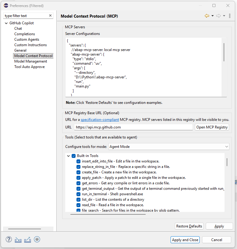 Github Copilot in Eclipe prefeferences