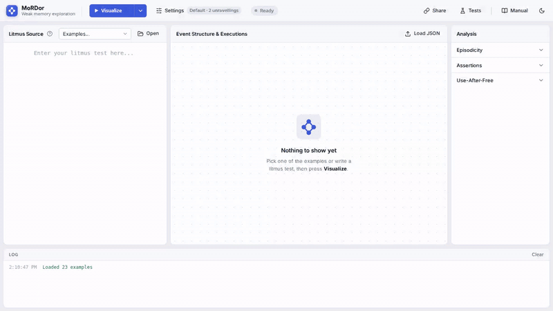 A recording of the MoRDor web UI: a litmus test is typed into the source panel, in which one thread frees a pointer once it observes a flag, while the other thread reads through that pointer and then clears the flag with a relaxed store; running the analysis draws the event structure and steps through the three consistent executions MoRDor derives, with program order, preserved program order and reads-from edges drawn between the events; the Use-After-Free panel reports one execution in which the read of the freed location is ordered after the free, and selecting the finding jumps to that execution's graph; the relaxed store is then changed to a release store, and re-running leaves two executions and no use-after-free.