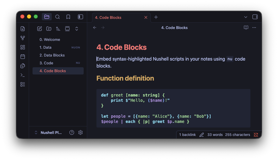 Nu code blocks in a note