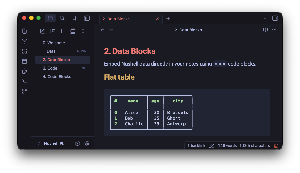 Nuon data blocks in a note