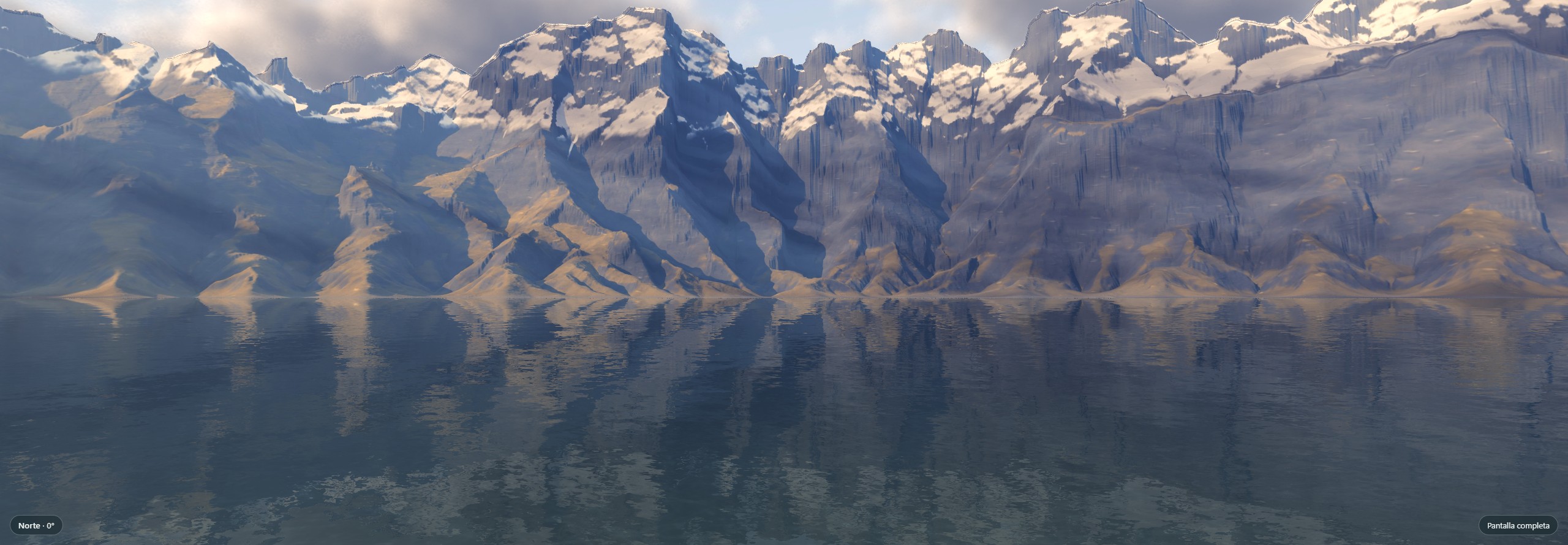 An alpine lake with clear water, mirrored mountains and volumetric clouds