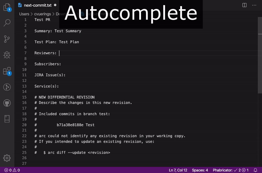 Username & project autocompletion in VSCode