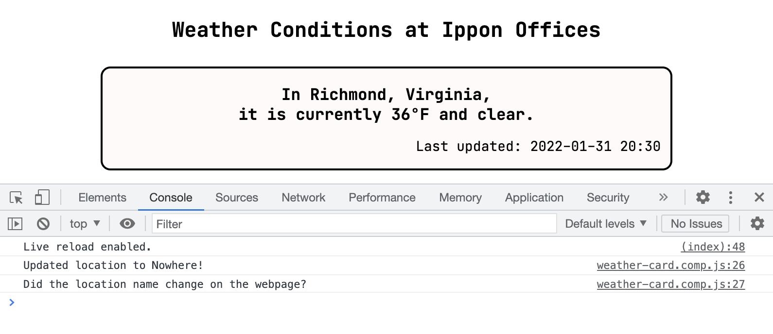 Page and console output with the timeout - messages are printed in the console, but the location name is not changed.