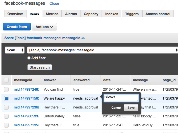 DynamoDB FB Messages