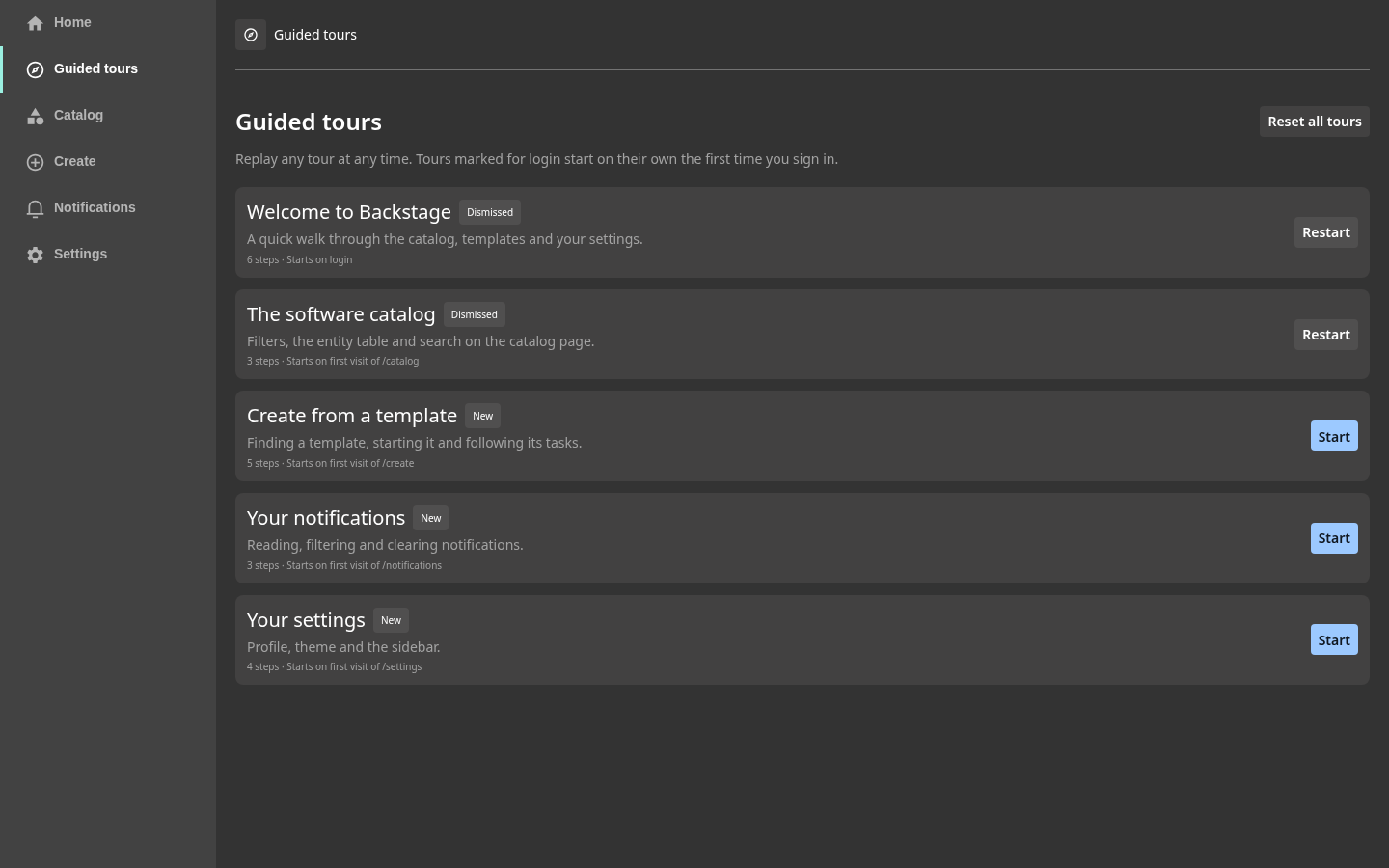 Guided tours overview page (dark)