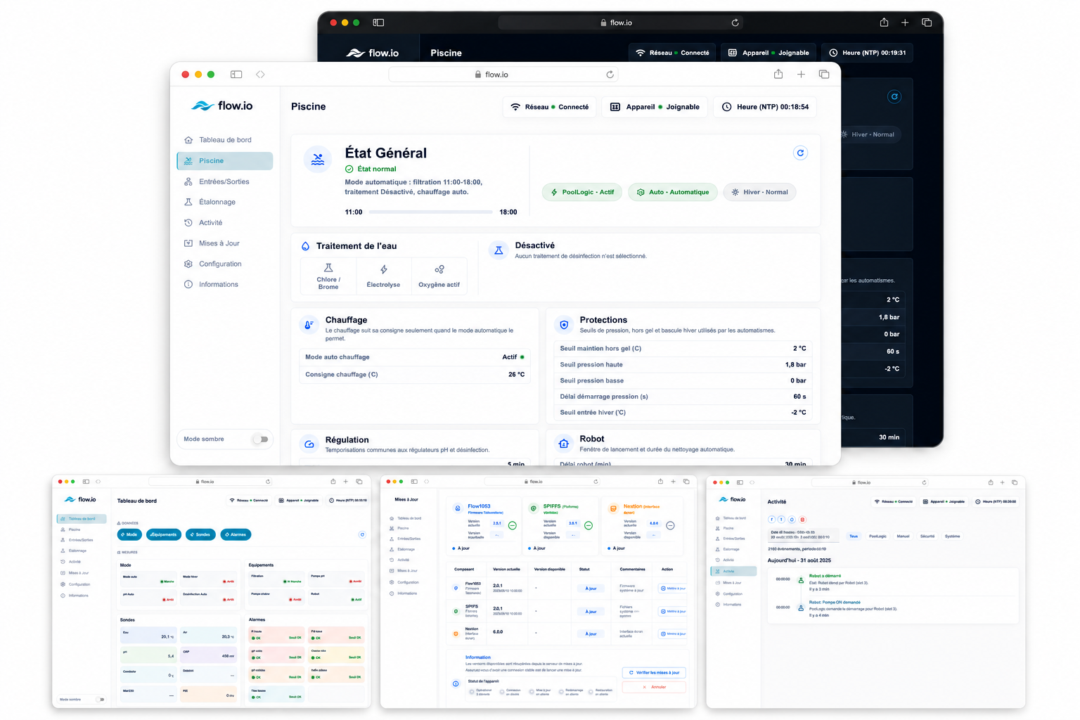 flow.io local web interface showing pool measurements, equipment, alarms, and settings