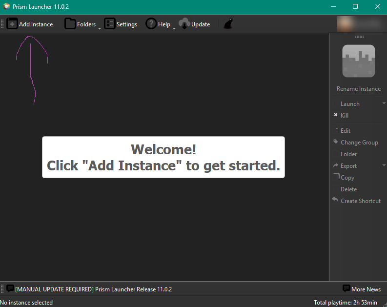 Prism main window, Add Instance button at top-left