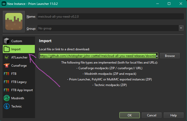 Prism New Instance dialog with Import tab selected and the mrpack URL pasted
