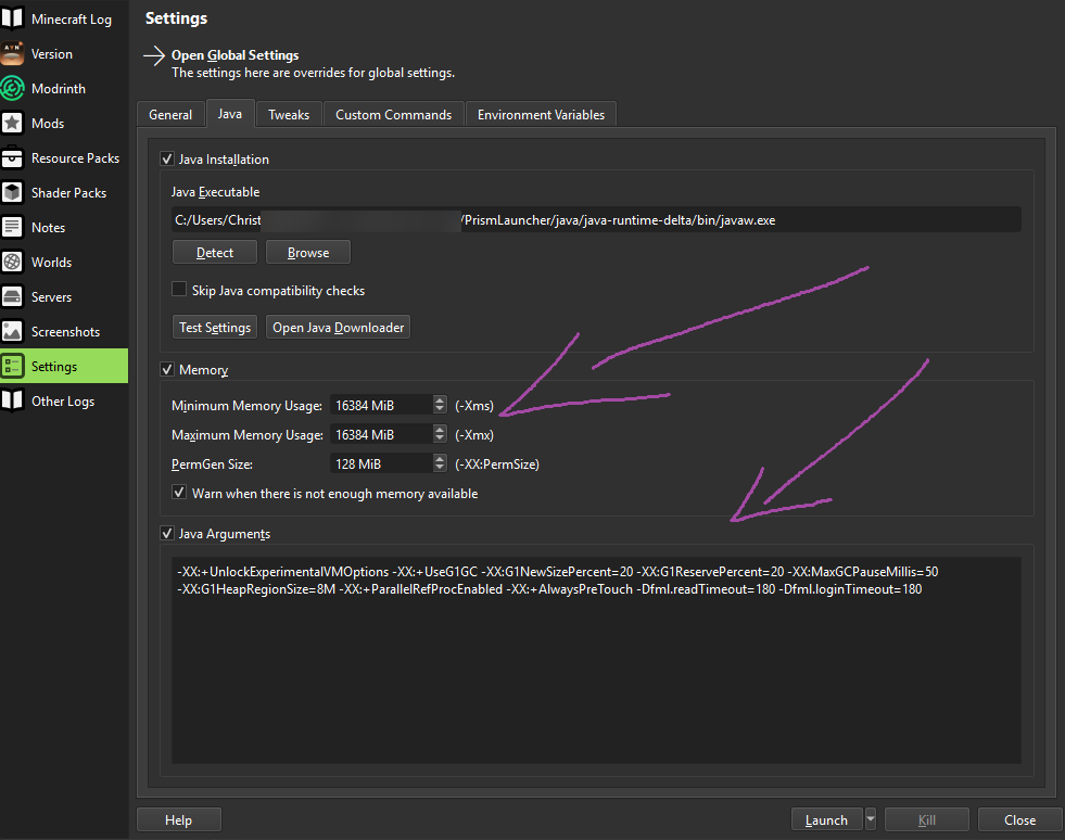 Java tab with Memory and Java Arguments configured