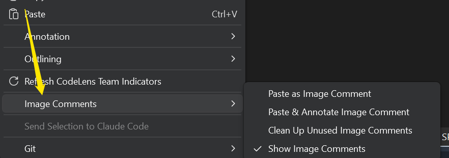 The Image Comments context menu