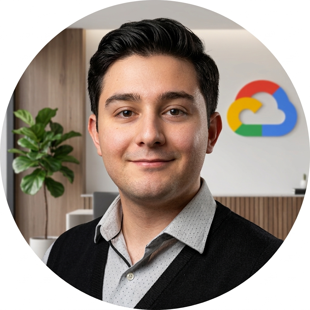 Christopher Orea professional portrait with Google Cloud background.