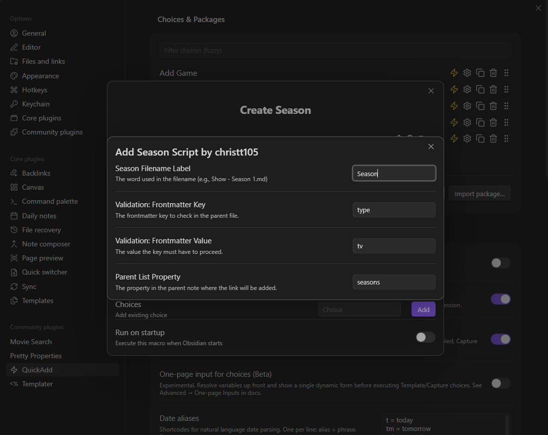 Create Season QuickAdd Configuration