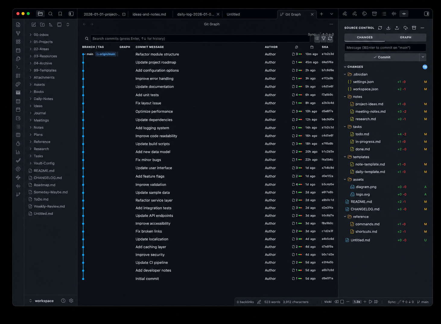Commit graph and source control panel