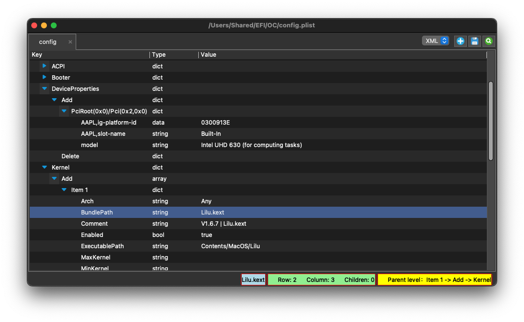 Showing a sample Config.plist in a plist editor.