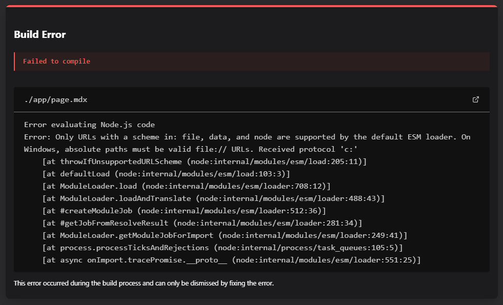 Error: Only URLs with a scheme in: file, data, and node are supported by the default ESM loader. On Windows, absolute paths must be valid file:// URLs. Received protocol 'c:'