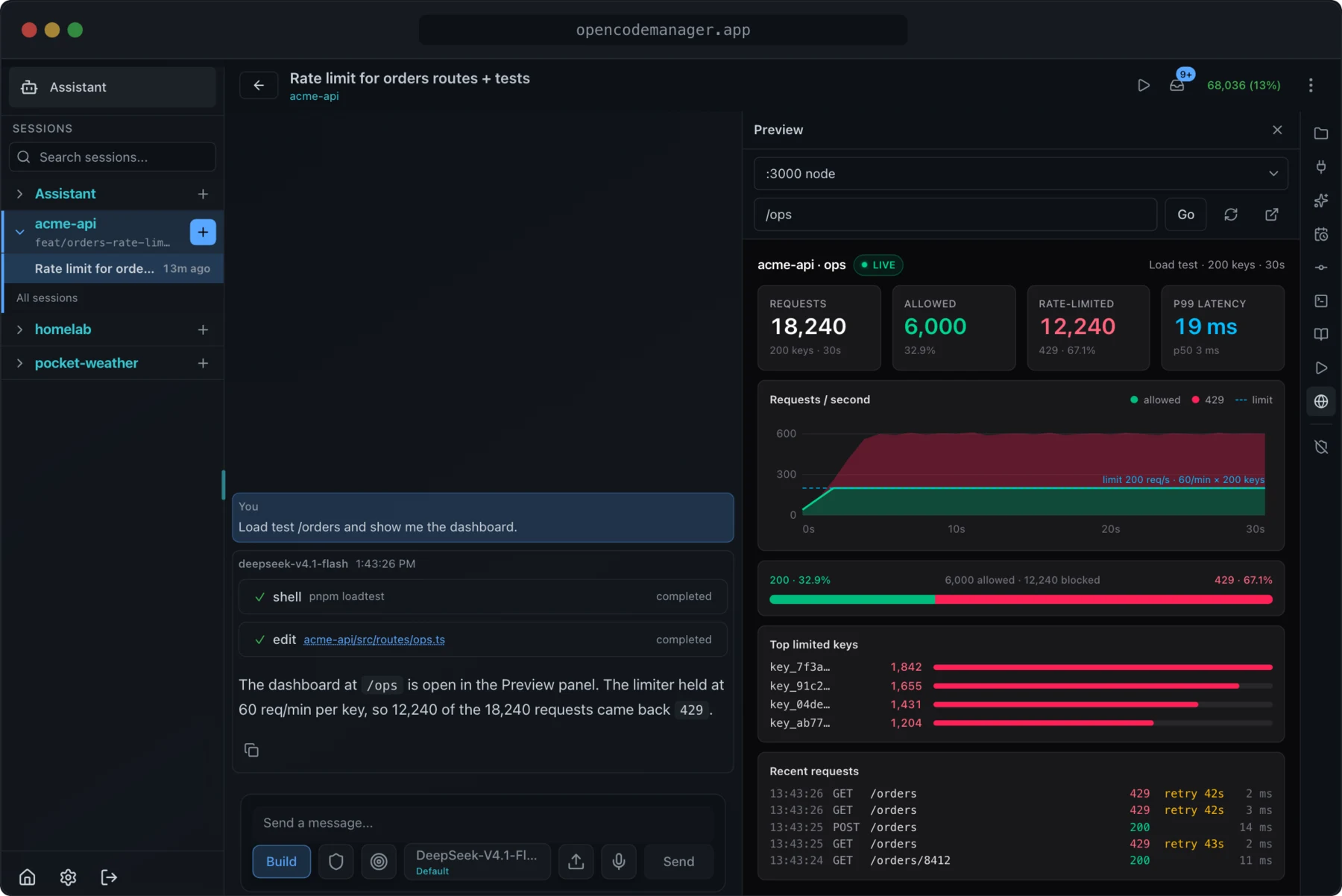 OpenCode Manager on desktop: a session with the live Preview panel