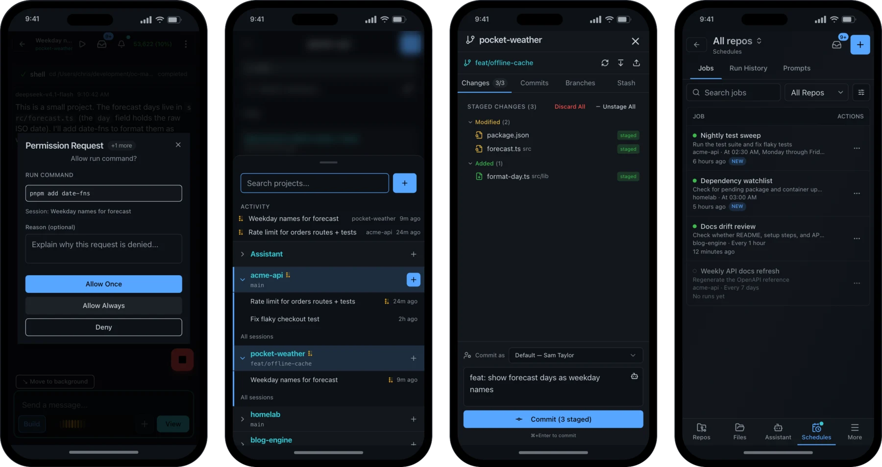 OpenCode Manager on mobile: permission request, project switcher, source control, and schedules