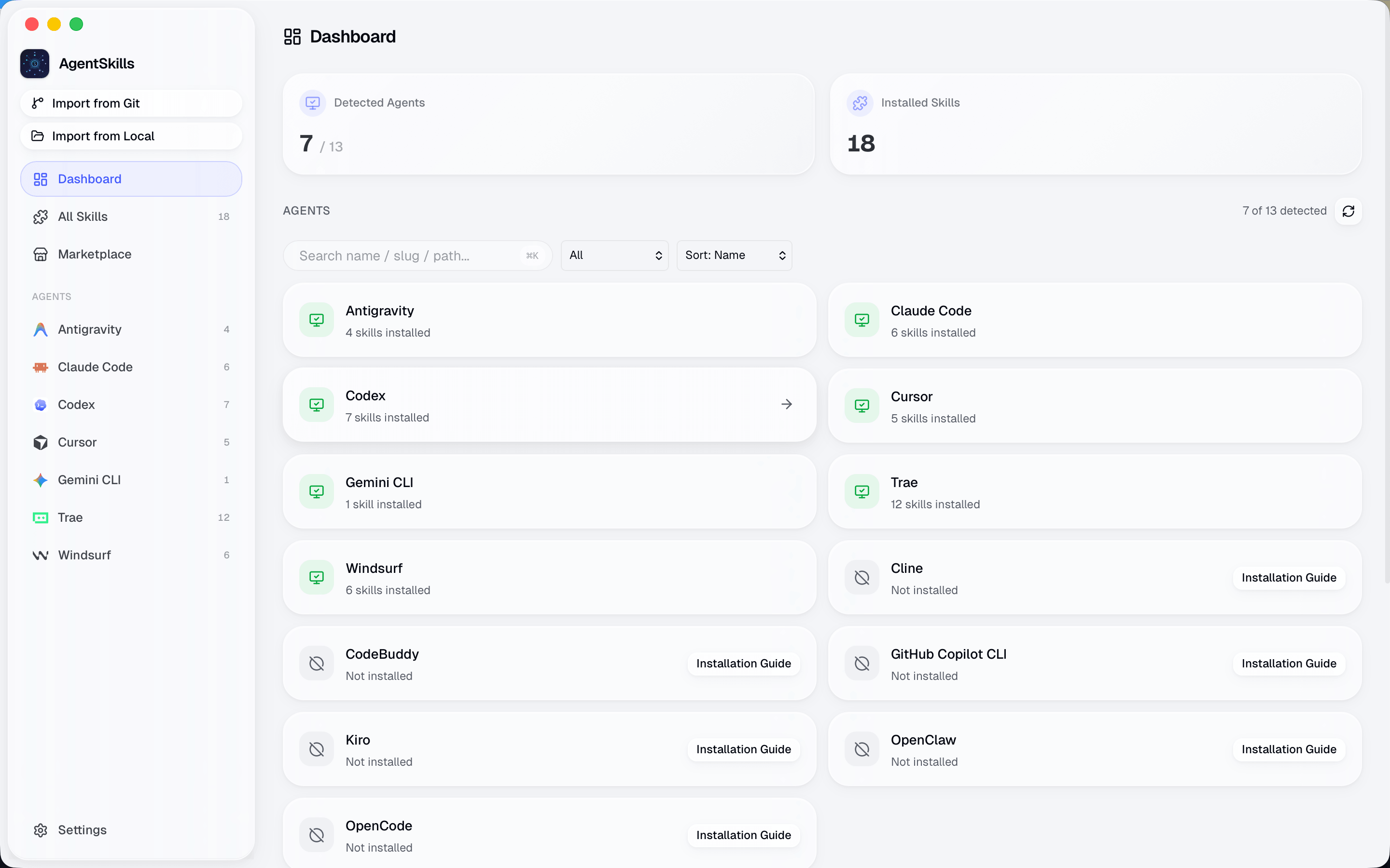 AgentSkills dashboard view