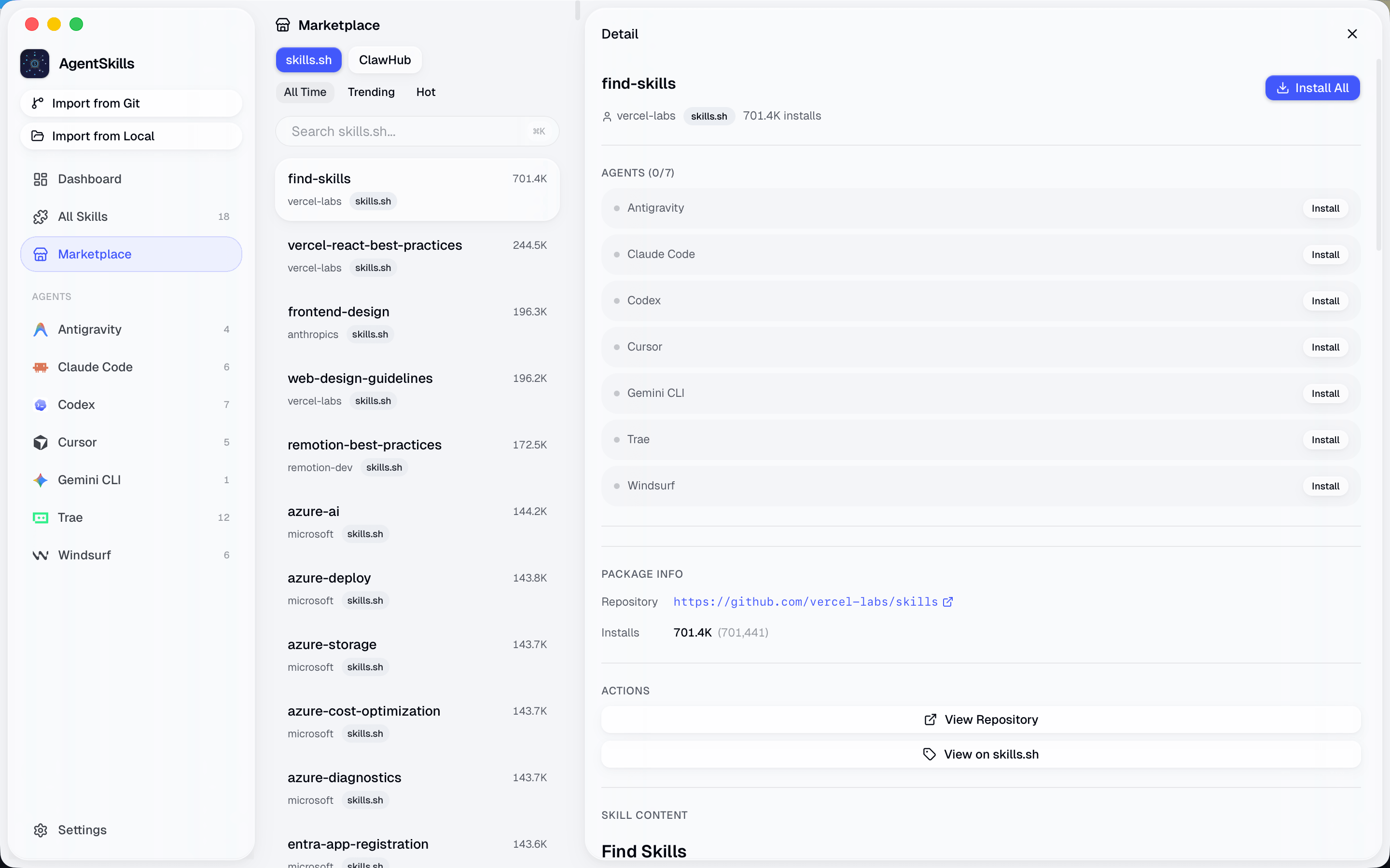 AgentSkills marketplace view